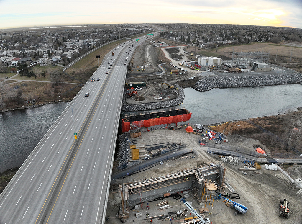 Looking south at bridge construction west of the existing Ivor Strong Bridge, November 14, 2024.