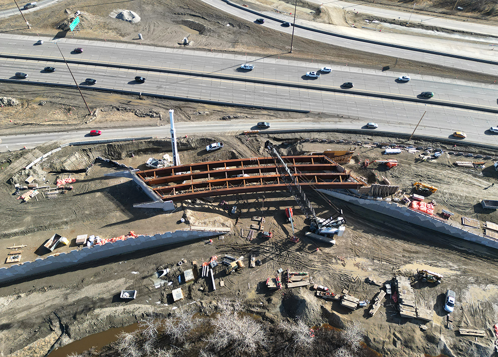 A bird's eye view of bridge construction for the ramp from Southland Drive to southbound Deerfoot Trail, March 19, 2026.