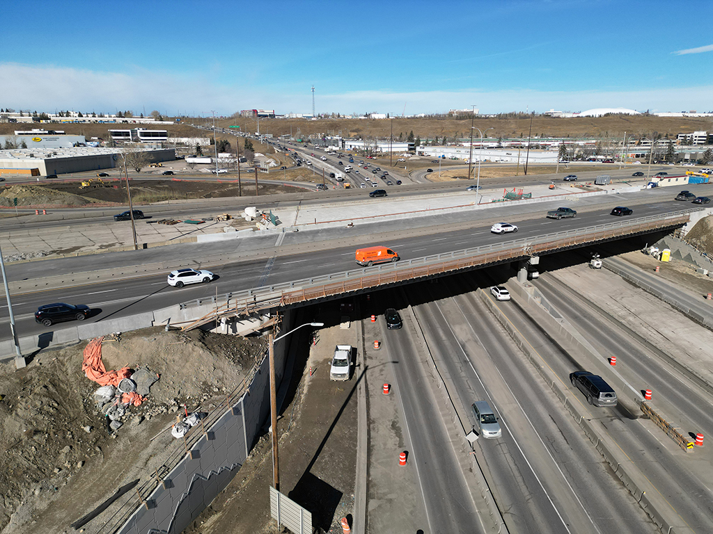 Looking west at progress on Glenmore Trail and Deerfoot Trail, March 19, 2026.