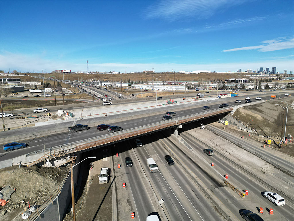 Looking west at bridge construction on Deerfoot Trail over Glenmore Trail, March 19, 2026.